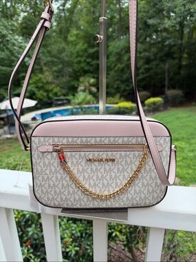 Michael Michael  Kors Pink and Beige Logo Crossbody with Gold Chain